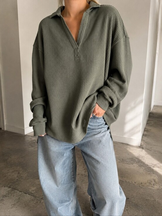 Buffalo David Bitton Tops - Buffalo David Bitton Oversized Waffle Knit Polo Pullover | Medium